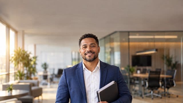 Profissional de recursos humanos sorrindo, com blazer azul sobre camisa branca, segurando uma pasta de documentos, em um escritório moderno com uma sala de reunião envidraçada