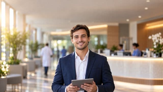 Gestor hospitalar sorrindo, com blazer azul-marinho sobre camisa branca, segurando um tablet, em a recepção de um hospital moderno