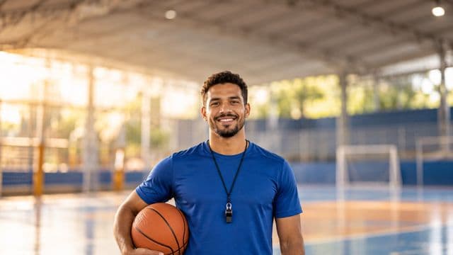 Profissional de educação física sorrindo, com camiseta esportiva azul e apito no pescoço, segurando uma bola, em uma quadra poliesportiva coberta e bem iluminada