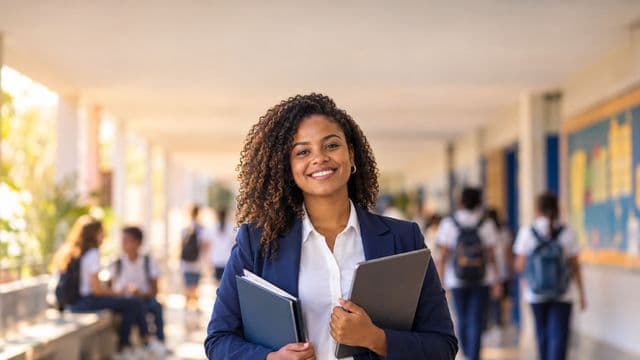 Gestora escolar sorrindo, com blazer azul sobre camisa branca, segurando uma pasta e um tablet, em o corredor de uma escola moderna com alunos desfocados