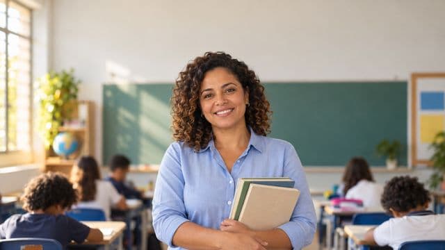 Professora sorrindo, com camisa social azul, segurando livros de capa lisa, em uma sala de aula moderna e clara com alunos desfocados