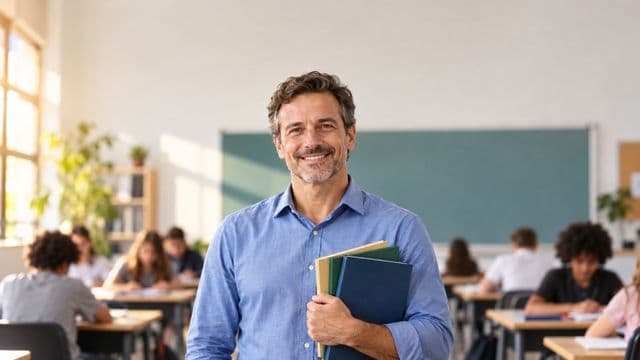 Professor sorrindo, com camisa social azul, segurando livros de capa lisa, em uma sala de aula moderna e clara com alunos desfocados