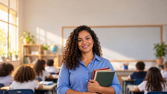 Professora sorrindo, com camisa social azul, segurando livros de capa lisa, em uma sala de aula moderna e clara com alunos desfocados