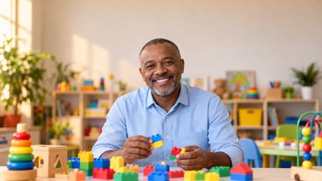 Psicopedagogo sorrindo, com camisa azul-clara, segurando blocos de montar coloridos, em uma sala de atendimento infantil colorida e organizada, com brinquedos pedagógicos