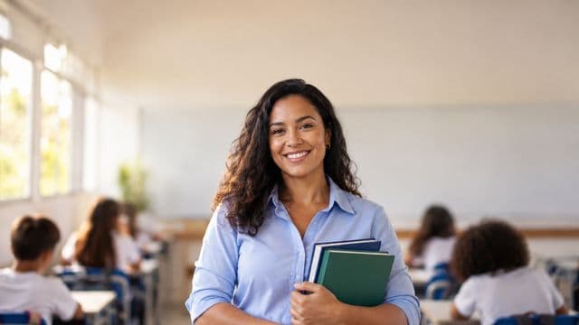 Professora sorrindo, com camisa social azul, segurando livros de capa lisa, em uma sala de aula moderna e clara com alunos desfocados