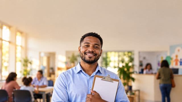 Assistente social sorrindo, com camisa azul-clara, segurando uma prancheta, em um centro de assistência social claro e acolhedor