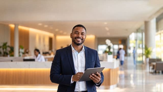 Gestor hospitalar sorrindo, com blazer azul-marinho sobre camisa branca, segurando um tablet, em a recepção de um hospital moderno