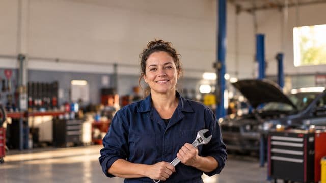 Mecânica sorrindo, com macacão azul-marinho, segurando uma chave inglesa, em uma oficina mecânica moderna e organizada