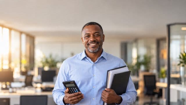 Contador sorrindo, com camisa social azul-clara, segurando uma calculadora e uma pasta de documentos, em um escritório contábil moderno