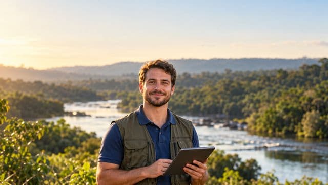 Gestor ambiental sorrindo, com camisa polo azul e colete de campo, segurando um tablet, em uma área de preservação com mata e um rio