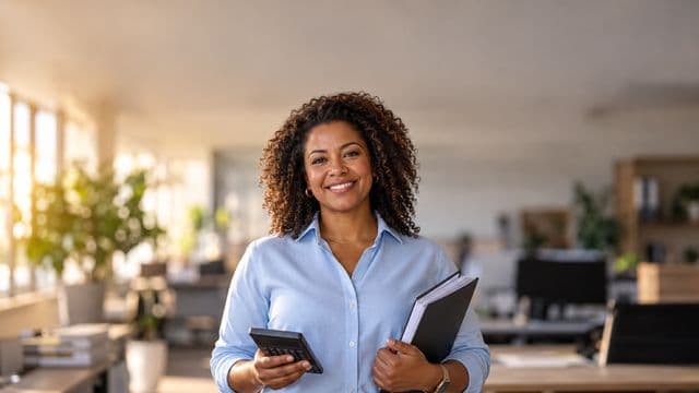 Contadora sorrindo, com camisa social azul-clara, segurando uma calculadora e uma pasta de documentos, em um escritório contábil moderno