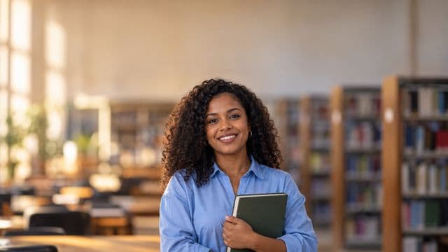 Professora de ciências humanas sorrindo, com camisa social azul, segurando um livro de capa lisa, em uma biblioteca universitária com estantes