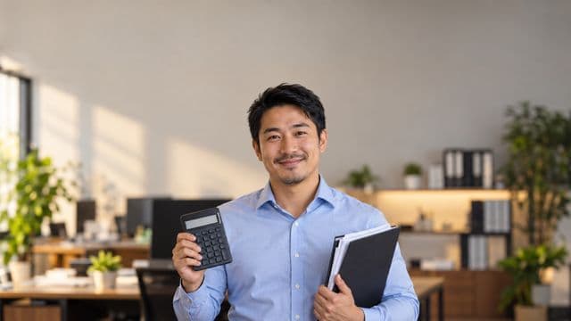Contador sorrindo, com camisa social azul-clara, segurando uma calculadora e uma pasta de documentos, em um escritório contábil moderno
