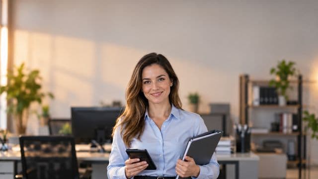 Contadora sorrindo, com camisa social azul-clara, segurando uma calculadora e uma pasta de documentos, em um escritório contábil moderno