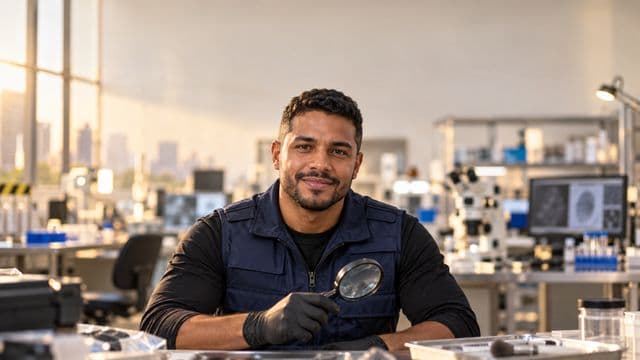 Perito criminal sorrindo, com colete azul-escuro de perícia sobre camisa preta e luvas, segurando uma lupa, em um laboratório de perícia forense