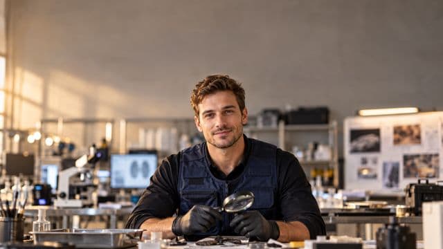 Perito criminal sorrindo, com colete azul-escuro de perícia sobre camisa preta e luvas, segurando uma lupa, em um laboratório de perícia forense