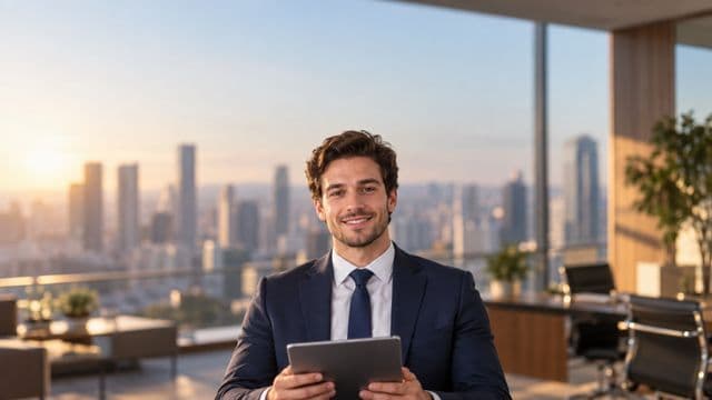 Analista financeiro sorrindo, com terno azul-marinho, segurando um tablet, em um escritório corporativo com vista para a cidade