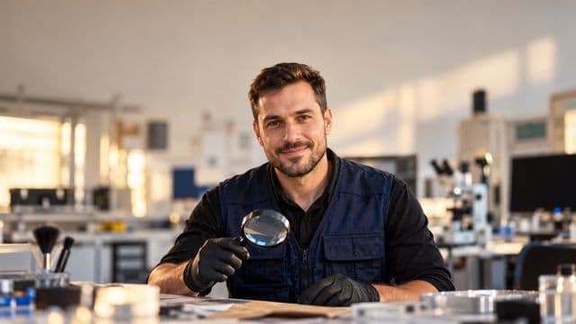 Perito criminal sorrindo, com colete azul-escuro de perícia sobre camisa preta e luvas, segurando uma lupa, em um laboratório de perícia forense
