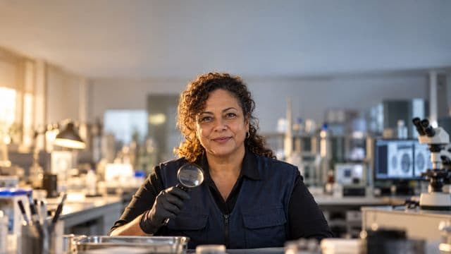 Perita criminal sorrindo, com colete azul-escuro de perícia sobre camisa preta e luvas, segurando uma lupa, em um laboratório de perícia forense