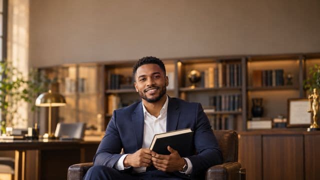 Advogado sorrindo, com terno azul-marinho e camisa branca, segurando um livro de capa lisa, em um escritório de advocacia elegante com estantes de livros