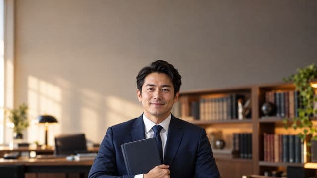 Advogado sorrindo, com terno azul-marinho e camisa branca, segurando um livro de capa lisa, em um escritório de advocacia elegante com estantes de livros
