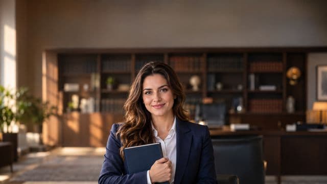 Advogada sorrindo, com terno azul-marinho e camisa branca, segurando um livro de capa lisa, em um escritório de advocacia elegante com estantes de livros