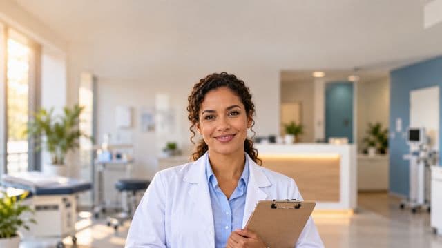 Profissional de saúde sorrindo, com jaleco branco sobre camisa azul-clara, segurando uma prancheta, em uma clínica moderna e bem iluminada