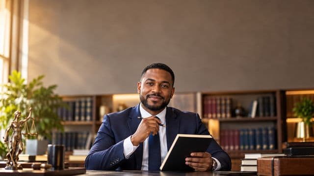 Advogado sorrindo, com terno azul-marinho e camisa branca, segurando um livro de capa lisa e uma caneta, em um escritório de advocacia elegante com estantes de livros