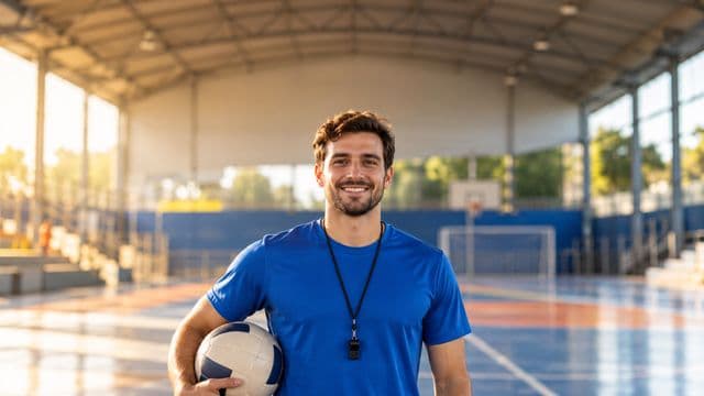 Profissional de educação física sorrindo, com camiseta esportiva azul e apito no pescoço, segurando uma bola, em uma quadra poliesportiva coberta e bem iluminada
