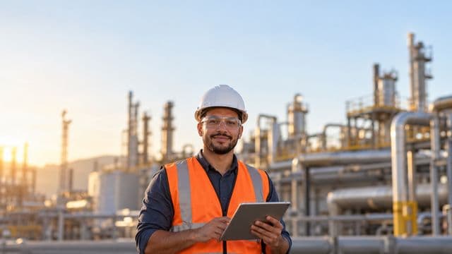 Engenheiro industrial sorrindo, com capacete branco, óculos de proteção e colete laranja, segurando um tablet, em uma planta industrial com tubulações