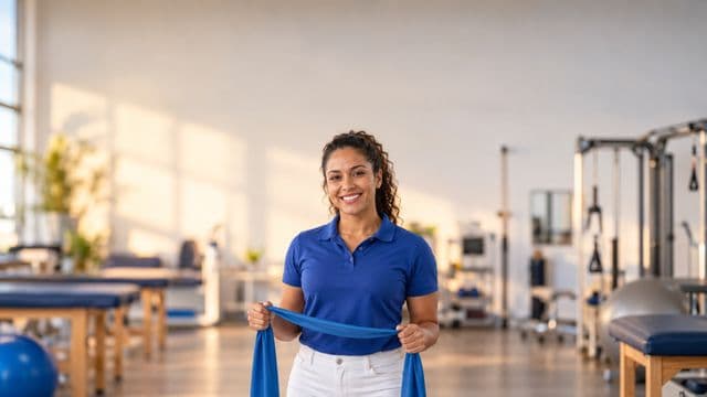 Fisioterapeuta sorrindo, com camisa polo azul e calça branca, segurando uma faixa elástica de exercício, em uma clínica de fisioterapia com macas e aparelhos
