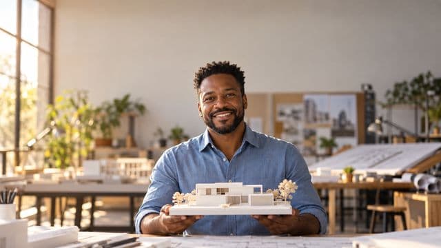 Arquiteto sorrindo, com camisa social azul, segurando uma pequena maquete branca, em um escritório de arquitetura com pranchetas e maquetes
