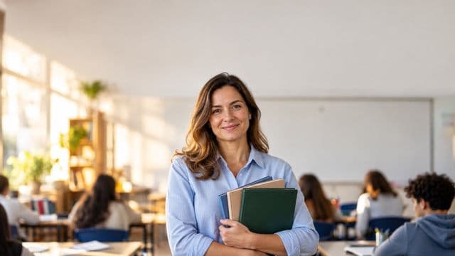 Professora sorrindo, com camisa social azul, segurando livros de capa lisa, em uma sala de aula moderna e clara com alunos desfocados