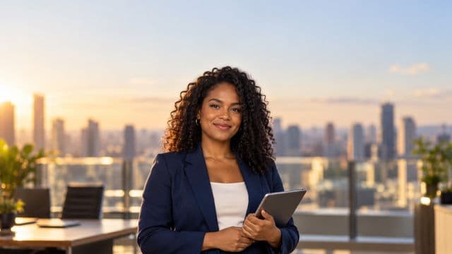 Analista financeira sorrindo, com terno azul-marinho, segurando um tablet, em um escritório corporativo com vista para a cidade