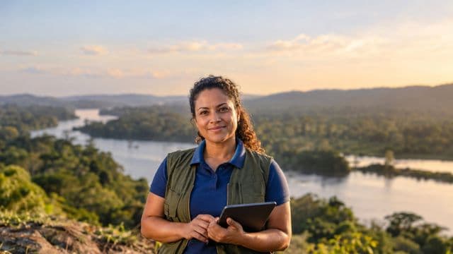 Gestora ambiental sorrindo, com camisa polo azul e colete de campo, segurando um tablet, em uma área de preservação com mata e um rio