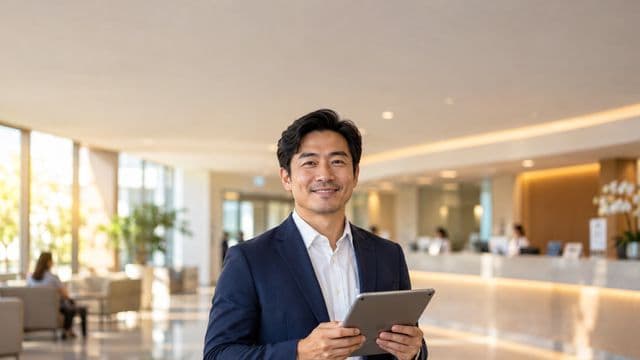 Gestor hospitalar sorrindo, com blazer azul-marinho sobre camisa branca, segurando um tablet, em a recepção de um hospital moderno