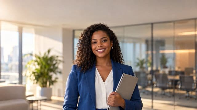 Profissional de recursos humanos sorrindo, com blazer azul sobre camisa branca, segurando uma pasta de documentos, em um escritório moderno com uma sala de reunião envidraçada
