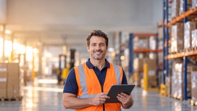 Profissional de logística sorrindo, com colete refletivo laranja sobre camisa polo azul, segurando um tablet, em um centro de distribuição com prateleiras altas e caixas