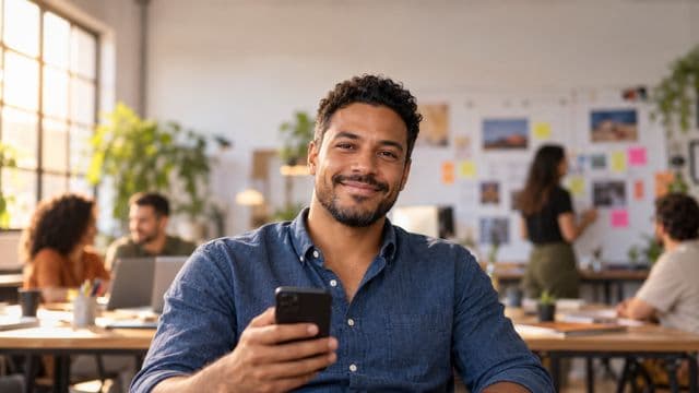 Profissional de marketing sorrindo, com camisa casual azul, segurando um smartphone, em uma agência criativa moderna com equipe desfocada e quadros de ideias