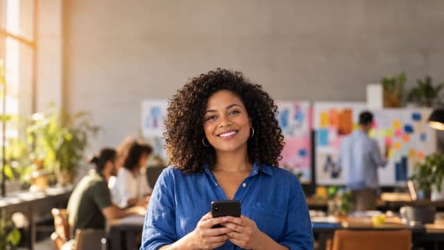 Profissional de marketing sorrindo, com camisa casual azul, segurando um smartphone, em uma agência criativa moderna com equipe desfocada e quadros de ideias