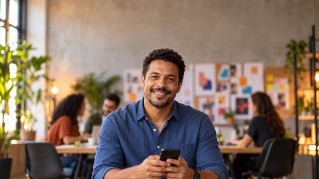Profissional de marketing sorrindo, com camisa casual azul, segurando um smartphone, em uma agência criativa moderna com equipe desfocada e quadros de ideias