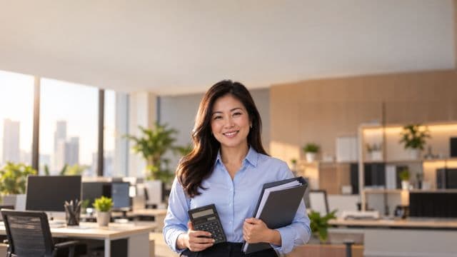 Contadora sorrindo, com camisa social azul-clara, segurando uma calculadora e uma pasta de documentos, em um escritório contábil moderno