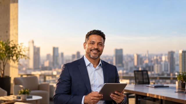 Analista financeiro sorrindo, com terno azul-marinho, segurando um tablet, em um escritório corporativo com vista para a cidade