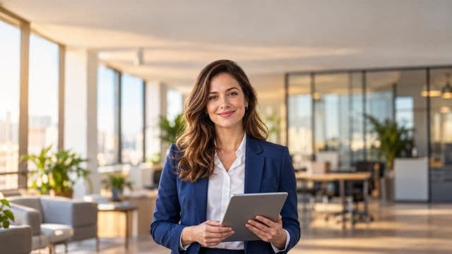 Profissional sorrindo, com blazer azul sobre camisa branca, segurando um tablet, em um escritório moderno e bem iluminado