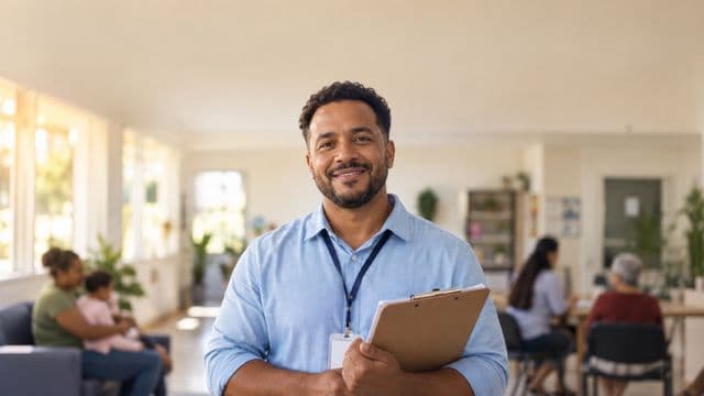 Assistente social sorrindo, com camisa azul-clara, segurando uma prancheta, em um centro de assistência social claro e acolhedor