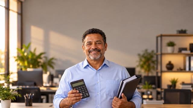 Contador sorrindo, com camisa social azul-clara, segurando uma calculadora e uma pasta de documentos, em um escritório contábil moderno