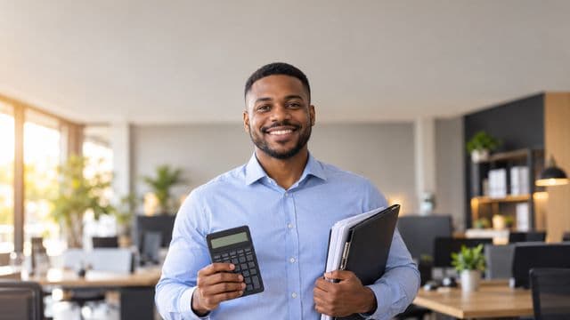 Contador sorrindo, com camisa social azul-clara, segurando uma calculadora e uma pasta de documentos, em um escritório contábil moderno