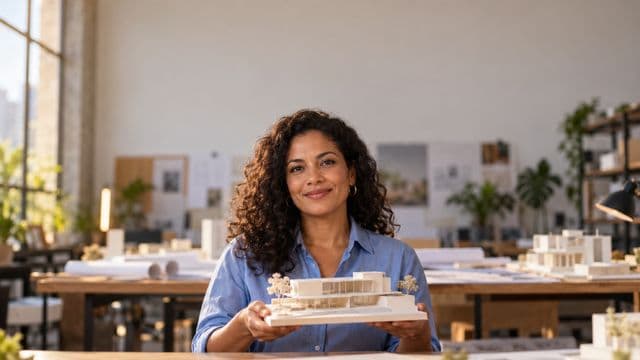 Arquiteta sorrindo, com camisa social azul, segurando uma pequena maquete branca, em um escritório de arquitetura com pranchetas e maquetes