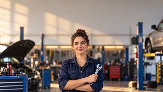 Mecânica sorrindo, com macacão azul-marinho, segurando uma chave inglesa, em uma oficina mecânica moderna e organizada