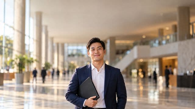 Servidor público sorrindo, com blazer azul-marinho sobre camisa branca, segurando uma pasta, em o saguão amplo de um prédio público moderno
